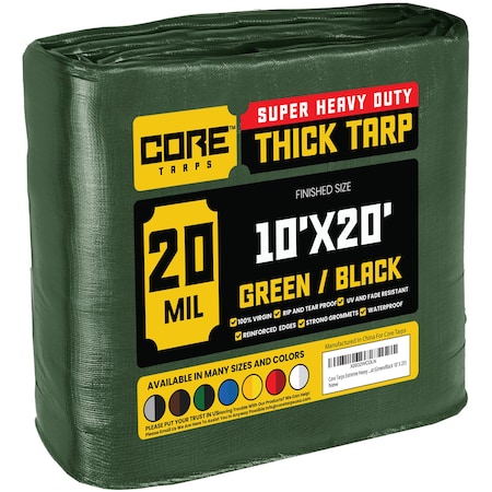 Core Tarps Heavy Duty Tarp, 20 ft L x 0.5 mm H x 10 ft W, 20 Mil, Green/Black, Polyethylene CT-703-10X20